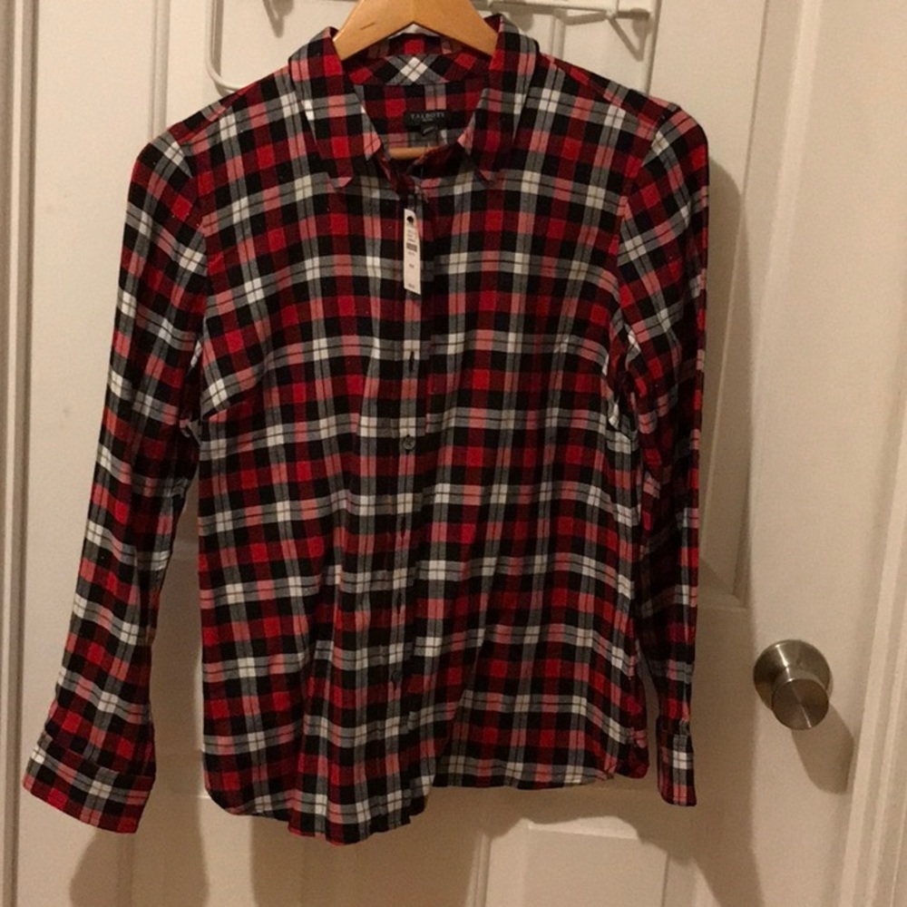Talbots red black white plaid shirt with shimmer, festive!